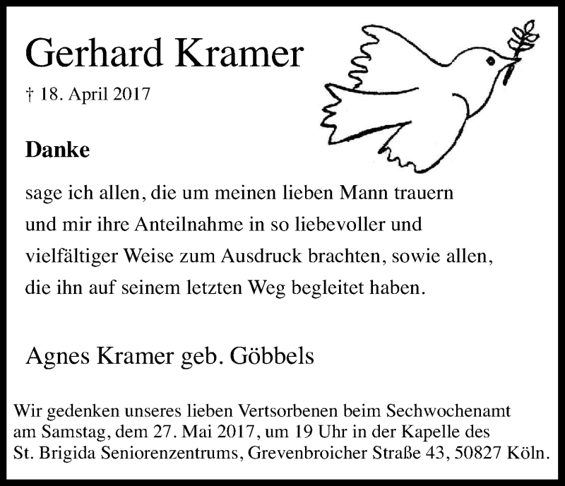  Traueranzeige für Gerhard Kramer vom 13.05.2017 aus Kölner Stadt-Anzeiger / Kölnische Rundschau / Express