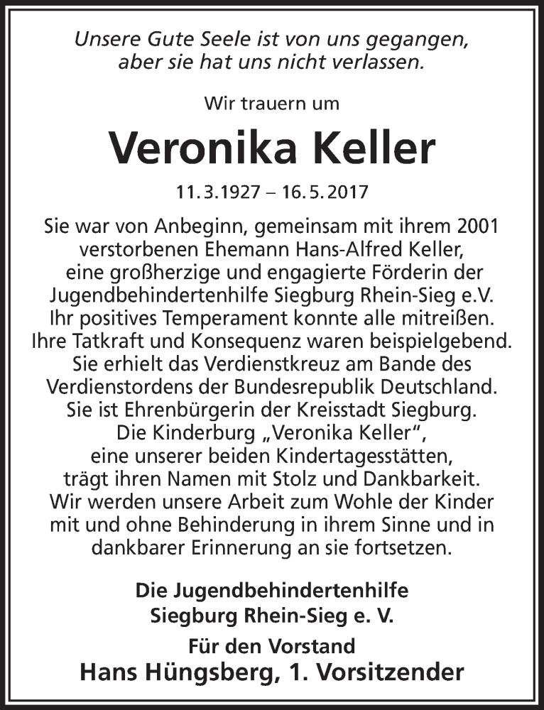  Traueranzeige für Veronika Keller vom 24.05.2017 aus  Extra Blatt 