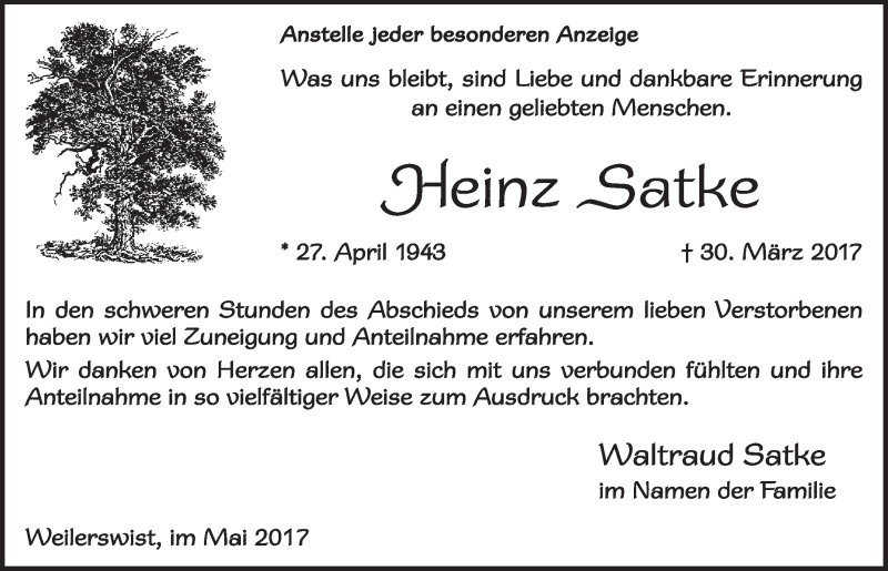  Traueranzeige für Heinz Satke vom 06.05.2017 aus  Blickpunkt Euskirchen 