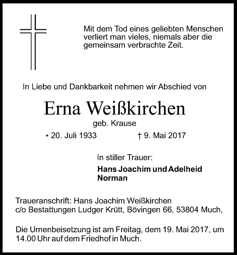  Traueranzeige für Erna Weißkirchen vom 13.05.2017 aus Kölner Stadt-Anzeiger / Kölnische Rundschau / Express