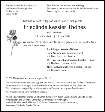 Anzeige von Friedlinde Kessler-Thönes von Kölner Stadt-Anzeiger / Kölnische Rundschau / Express
