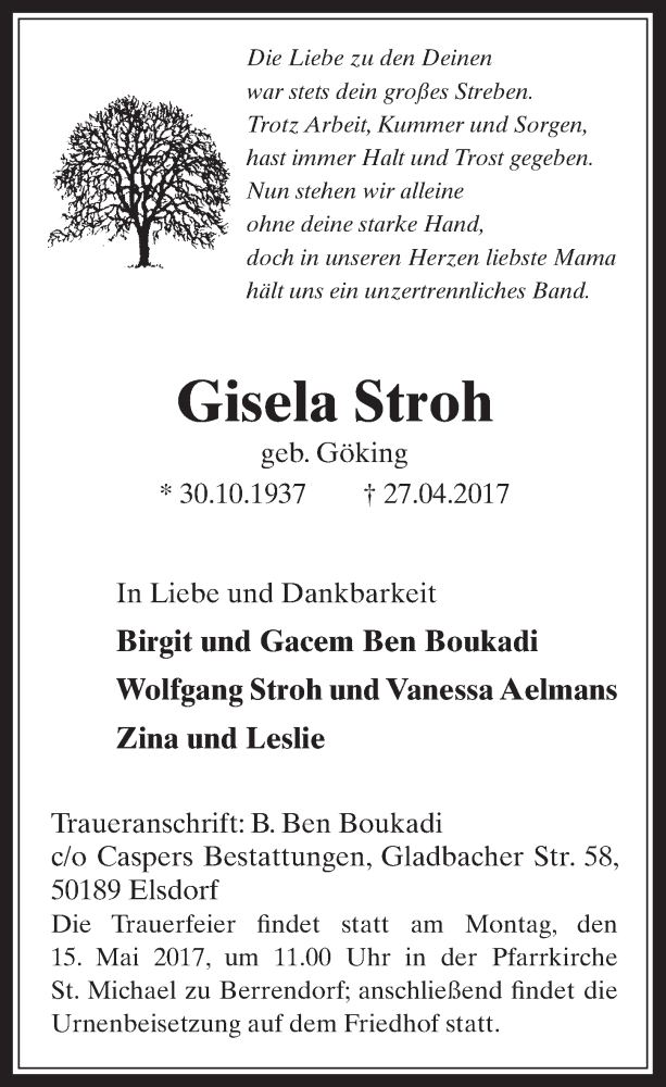 Traueranzeige für Gisela Stroh vom 10.05.2017 aus  Werbepost 