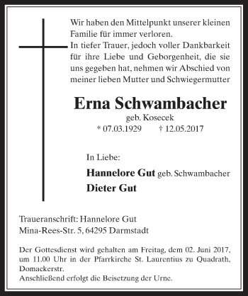 Anzeige von Erna Schwambacher von  Werbepost 