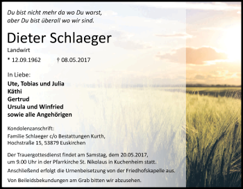 Anzeige von Dieter Schlaeger von Kölner Stadt-Anzeiger / Kölnische Rundschau / Express