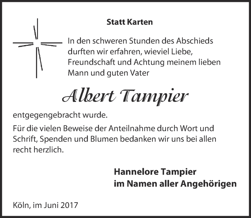  Traueranzeige für Albert Tampier vom 31.05.2017 aus  Kölner Wochenspiegel 