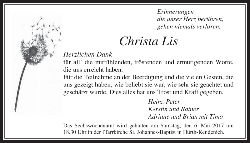  Traueranzeige für Christa Lis vom 03.05.2017 aus  Wochenende 