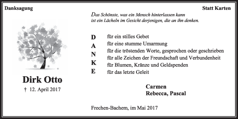  Traueranzeige für Dirk Otto vom 13.05.2017 aus  Sonntags-Post 