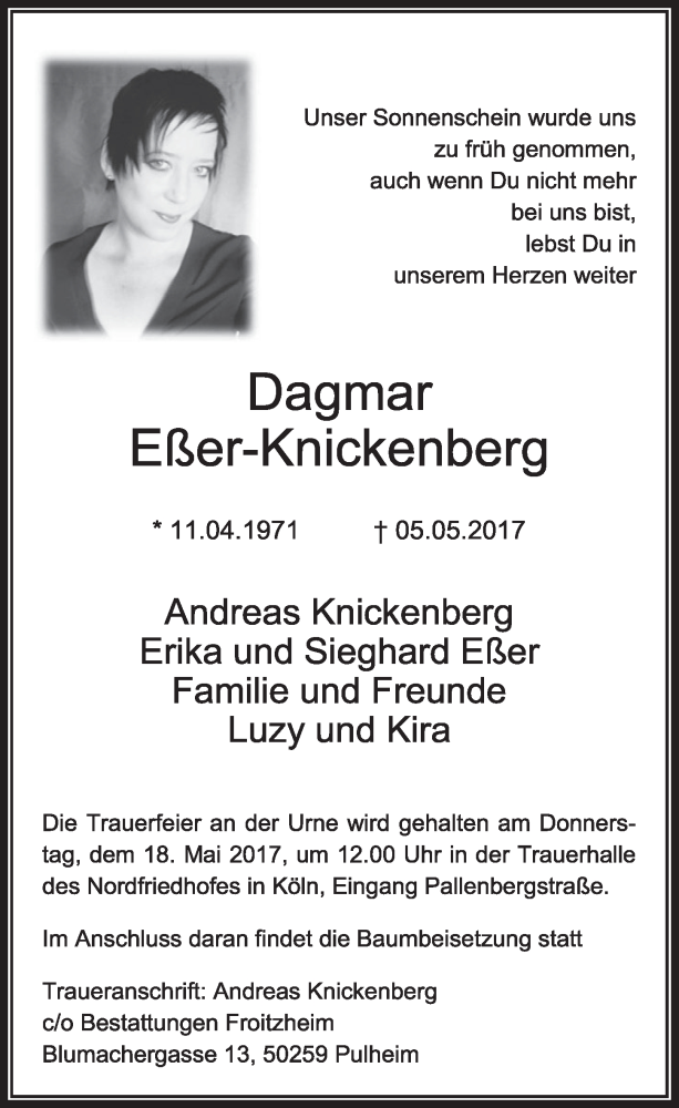  Traueranzeige für Dagmar Eßer-Knickenberg vom 13.05.2017 aus  Sonntags-Post 
