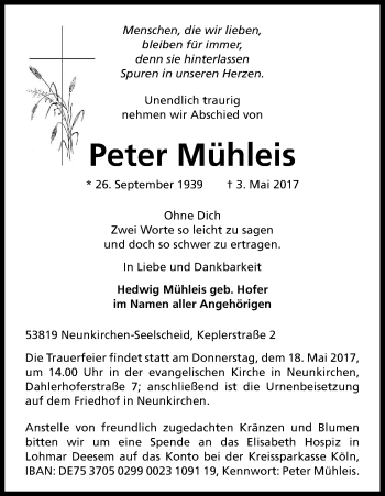 Anzeige von Peter Mühleis von Kölner Stadt-Anzeiger / Kölnische Rundschau / Express