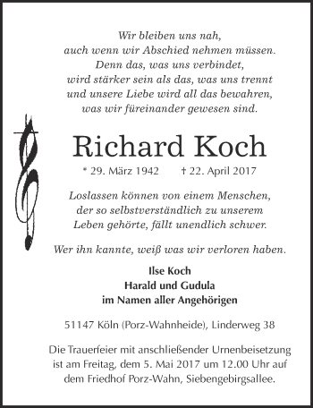 Anzeige von Richard Koch von  Kölner Wochenspiegel 