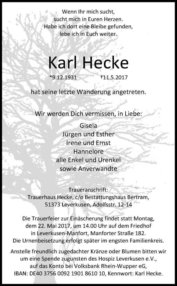  Traueranzeige für Karl Hecke vom 17.05.2017 aus Kölner Stadt-Anzeiger / Kölnische Rundschau / Express
