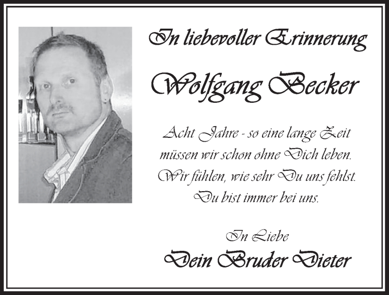  Traueranzeige für Wolfgang Becker vom 17.05.2017 aus  Schlossbote/Werbekurier 