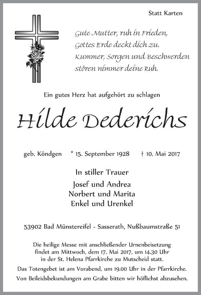  Traueranzeige für Hilde Dederichs vom 13.05.2017 aus  Blickpunkt Euskirchen 