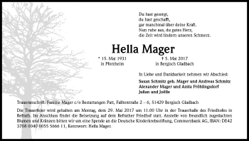 Anzeige von Hella Mager von Kölner Stadt-Anzeiger / Kölnische Rundschau / Express