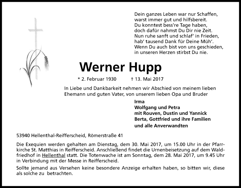  Traueranzeige für Werner Hupp vom 20.05.2017 aus Kölner Stadt-Anzeiger / Kölnische Rundschau / Express