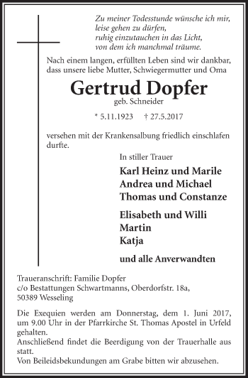 Anzeige von Gertrud Dopfer von  Schlossbote/Werbekurier 
