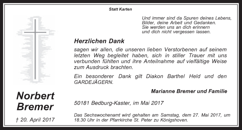  Traueranzeige für Norbert Bremer vom 24.05.2017 aus  Werbepost 