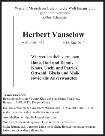 Anzeige von Herbert Vanselow von  Werbepost 