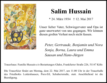 Anzeige von Salim Hussain von Kölner Stadt-Anzeiger / Kölnische Rundschau / Express