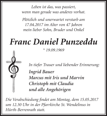 Anzeige von Franc Daniel Punzeddu von  Sonntags-Post 