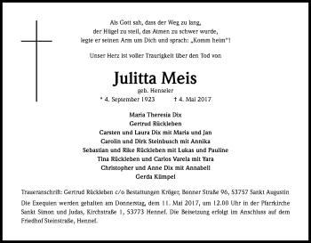 Anzeige von Julitta Meis von Kölner Stadt-Anzeiger / Kölnische Rundschau / Express