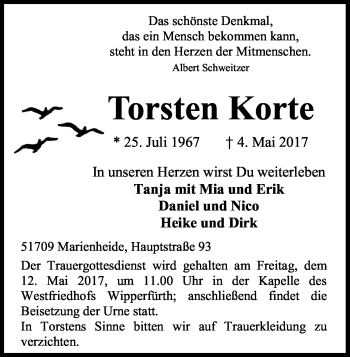 Anzeige von Torsten Korte von Kölner Stadt-Anzeiger / Kölnische Rundschau / Express