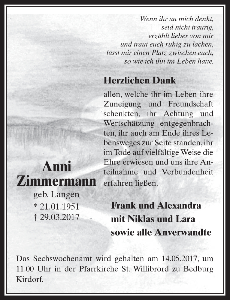 Traueranzeige für Anni Zimmermann vom 10.05.2017 aus  Werbepost 