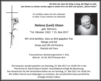 Anzeige von Helena Utzen von  Sonntags-Post 