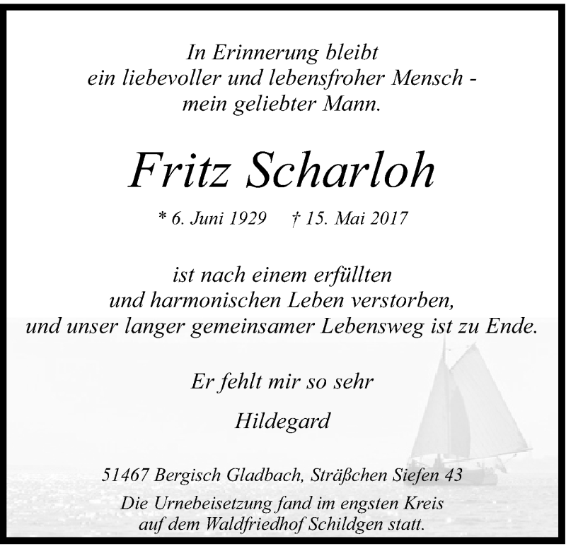  Traueranzeige für Fritz Scharloh vom 27.05.2017 aus Kölner Stadt-Anzeiger / Kölnische Rundschau / Express