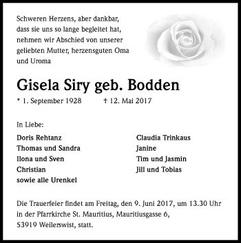 Anzeige von Gisela Siry von Kölner Stadt-Anzeiger / Kölnische Rundschau / Express