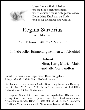 Anzeige von Regina Satorius von Kölner Stadt-Anzeiger / Kölnische Rundschau / Express