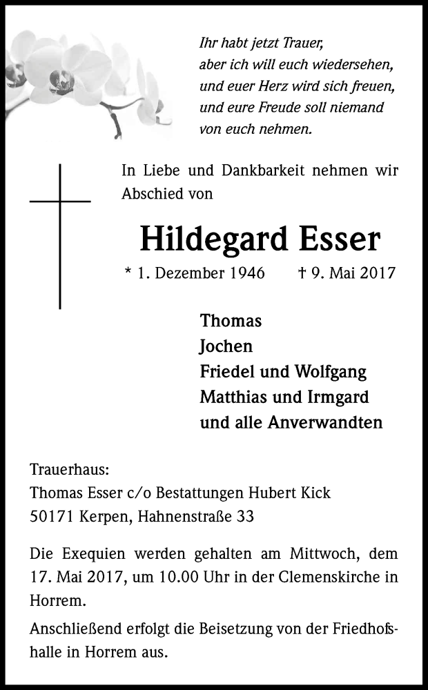  Traueranzeige für Hildegard Esser vom 13.05.2017 aus Kölner Stadt-Anzeiger / Kölnische Rundschau / Express