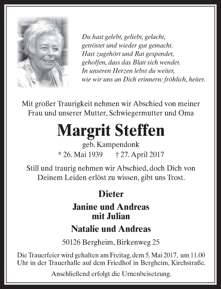  Traueranzeige für Margrit Steffen vom 03.05.2017 aus  Werbepost 