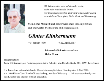 Anzeige von Günter Klinkermann von Kölner Stadt-Anzeiger / Kölnische Rundschau / Express