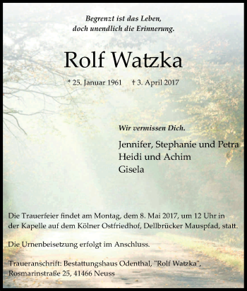 Anzeige von Rolf Watzka von Kölner Stadt-Anzeiger / Kölnische Rundschau / Express