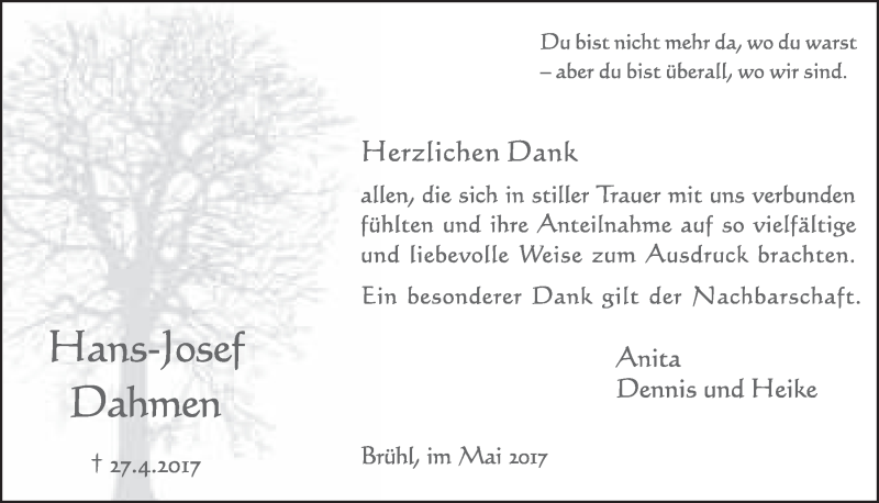  Traueranzeige für Hans-Josef Dahmen vom 24.05.2017 aus  Schlossbote/Werbekurier 