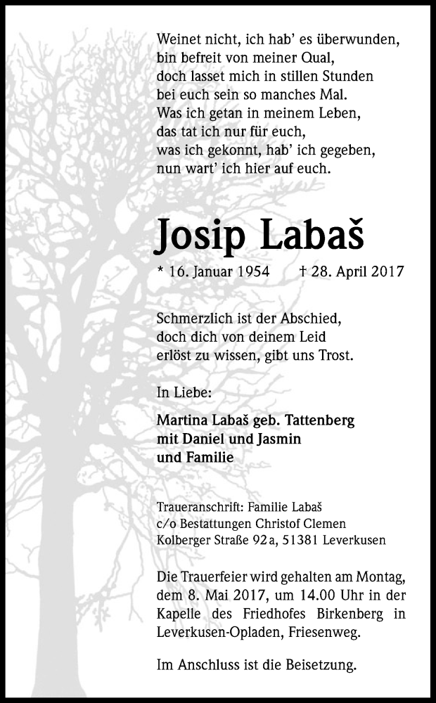  Traueranzeige für Josip Labas vom 03.05.2017 aus Kölner Stadt-Anzeiger / Kölnische Rundschau / Express