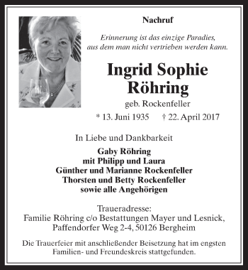 Anzeige von Ingrid Sophie von  Werbepost 