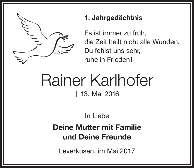  Traueranzeige für Rainer Karlhofer vom 13.05.2017 aus  Leverkusener Wochenende 
