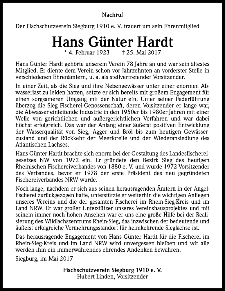  Traueranzeige für Hans Günter Hardt vom 31.05.2017 aus Kölner Stadt-Anzeiger / Kölnische Rundschau / Express