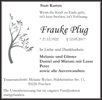 Anzeige von Frauke Plug von  Wochenende 