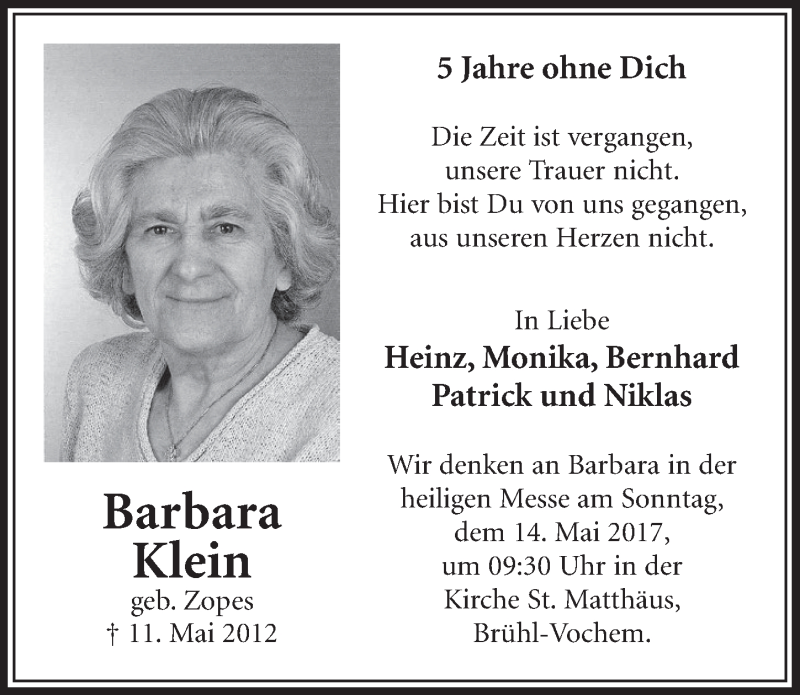  Traueranzeige für Barbara Klein vom 10.05.2017 aus  Schlossbote/Werbekurier 