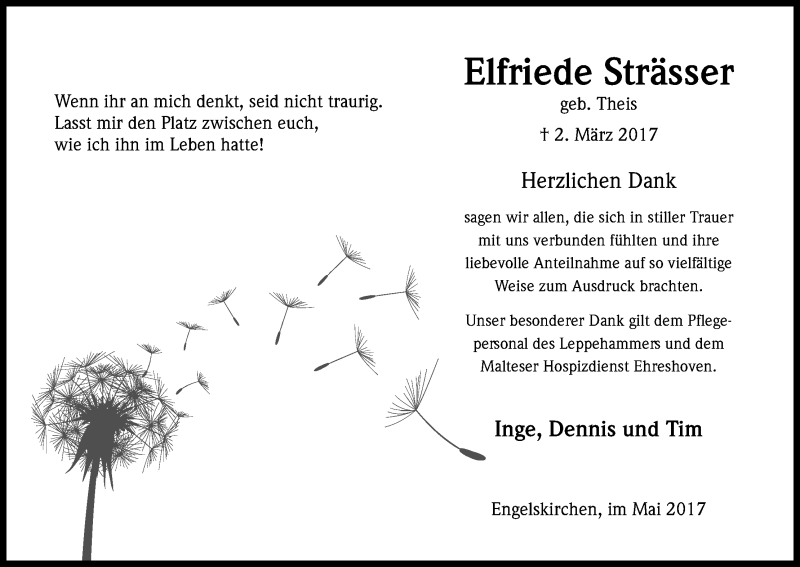  Traueranzeige für Elfriede Strässer vom 12.05.2017 aus Kölner Stadt-Anzeiger / Kölnische Rundschau / Express