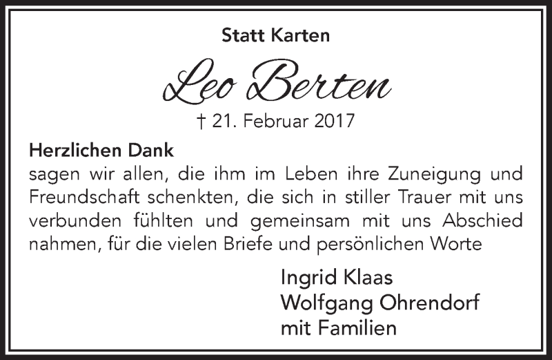  Traueranzeige für Leo Berten vom 10.05.2017 aus  Anzeigen Echo 
