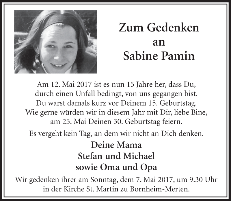  Traueranzeige für Sabine Pamin vom 03.05.2017 aus  Schlossbote/Werbekurier 