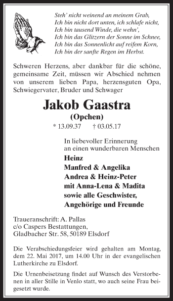 Anzeige von Jakob Gaastra von  Werbepost 