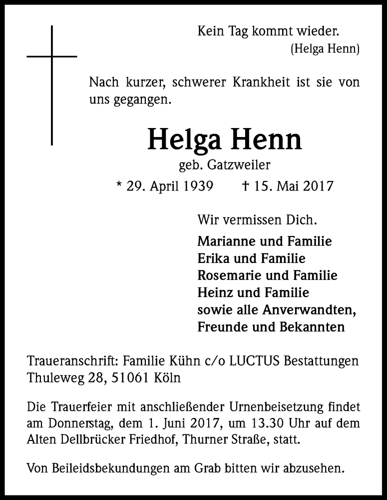  Traueranzeige für Helga Henn vom 27.05.2017 aus Kölner Stadt-Anzeiger / Kölnische Rundschau / Express