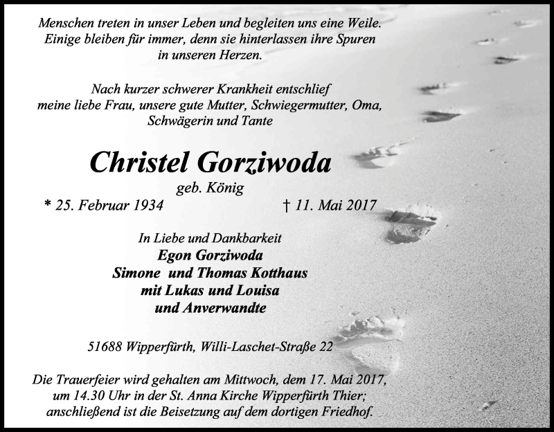  Traueranzeige für Christel Gorziwoda vom 16.05.2017 aus Kölner Stadt-Anzeiger / Kölnische Rundschau / Express