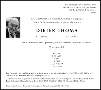 Anzeige von Dieter Thoma von Kölner Stadt-Anzeiger / Kölnische Rundschau / Express