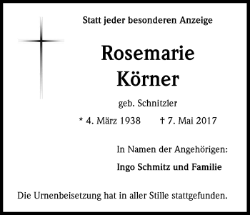 Anzeige von Rosemarie Körner von Kölner Stadt-Anzeiger / Kölnische Rundschau / Express